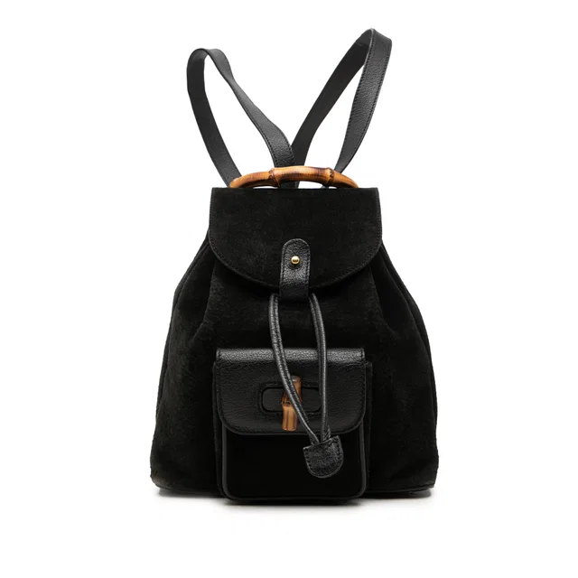 Black Gucci Suede Bamboo Drawstring Backpack in Black Suede from Designer Revival