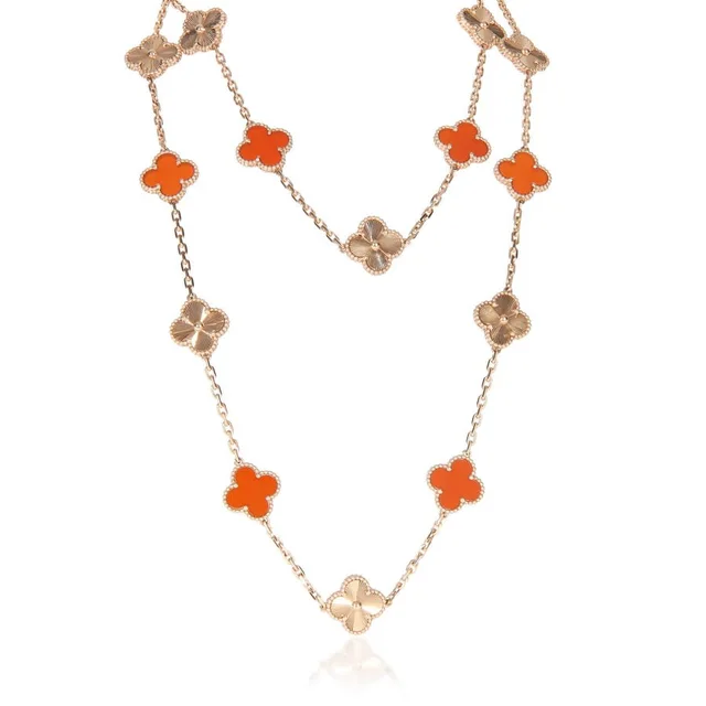 Van Cleef & Arpels Rose Gold Carnelian Vintage Alhambra Necklace in gold|pink from Jomashop.com