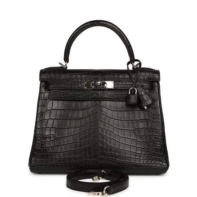 Hermès Kelly Retourne 28 Black Matte Niloticus Crocodile Palladium Hardware in Black Crocodile from Madison Avenue Couture