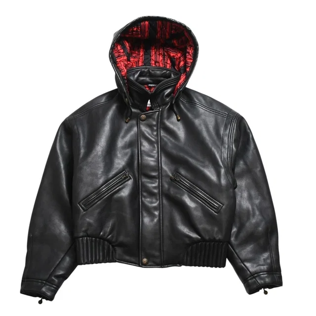 Versace Sport Faux Leather Footed Jacket Black Red Checked Stripe Pattern Gold in Black Leather from The Reluxe
