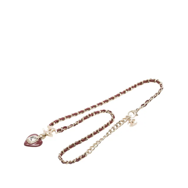 Gold Chanel CC Gold Plated and Leather Woven Crystal Resin Heart Pendant Necklace in Gold Woven leather from Designer Revival