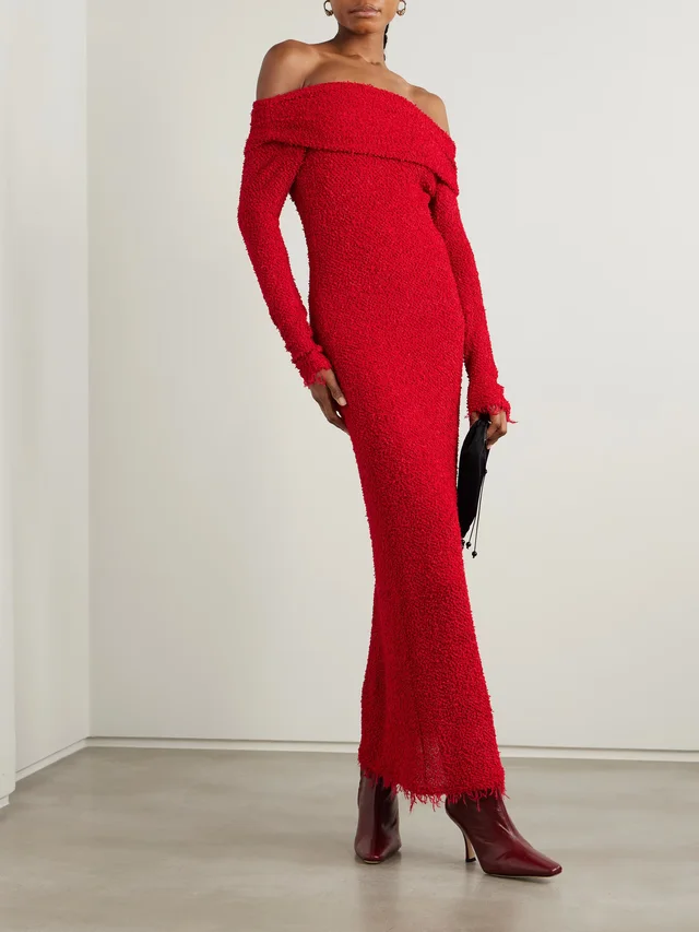 ISABEL MARANT Ormany frayed off-the-shoulder bouclé maxi dress in Red, photo 2 of 2 from NET-A-PORTER (Canada)