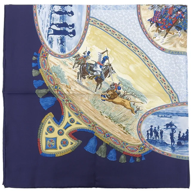 Hermès Carre 90 CAVALIERS PEULS Scarf Navy/Yellow in Navy Silk from VINTAGE QOO TOKYO, photo 2 of 2
