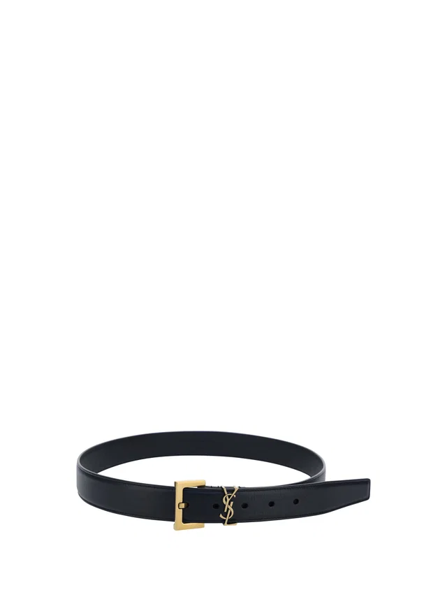 Saint Laurent Logo-Plaque Calf Leather Belt — Black in Black Calfskin from HEWI