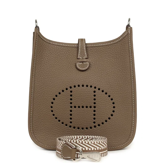 Hermès Evelyne TPM Etoupe Clemence Palladium Hardware in Taupe Clemence leather from Madison Avenue Couture