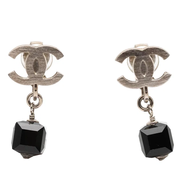 Black Chanel CC Brass Cube Rhinestone Drop Clip On Earrings in Black from Designer Revival