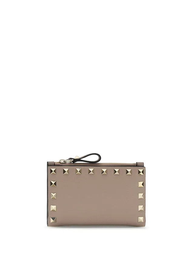 Valentino Garavani Rockstud Zip Wallet — Beige Calf Leather Bos Taurus in Beige Calfskin from HEWI
