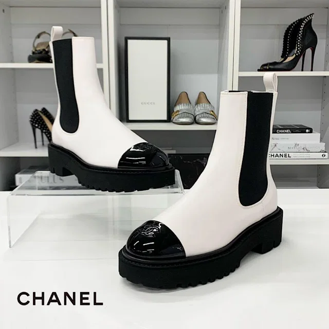 Chanel CC Logo Leather Patent Side Gore Short Boots White in White Patent leather from The Reluxe