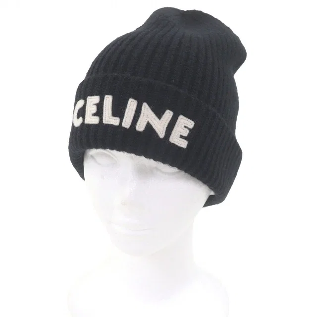 Celine Logo Patch Knit Cap Beanie Black TU in Black Wool from The Reluxe