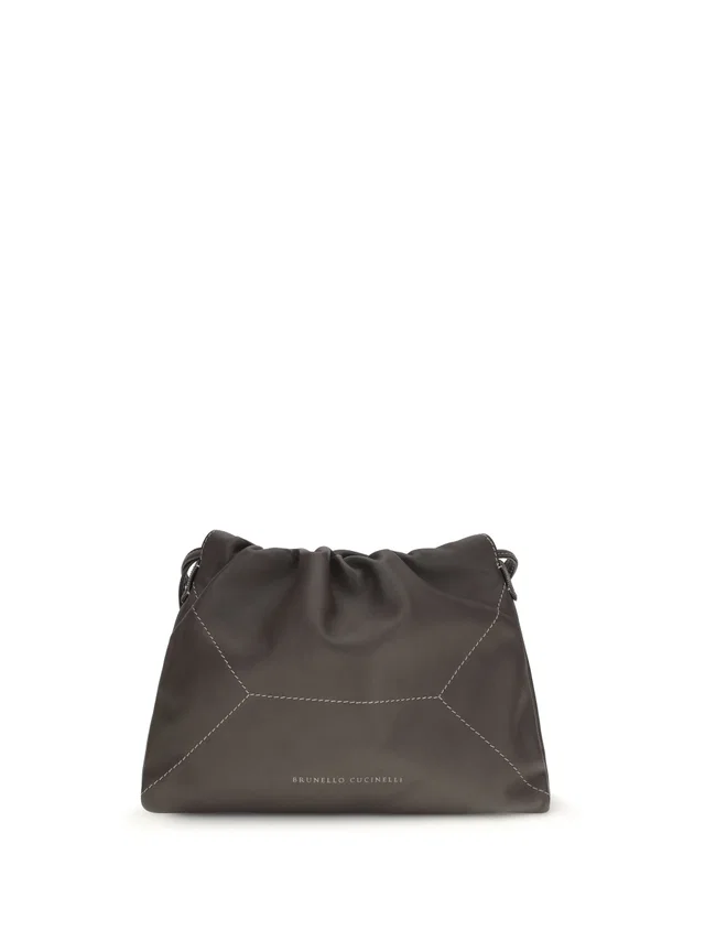 Brunello Cucinelli Calf Leather Gathered Shoulder Bag — Brown Bos Taurus in Brown Calfskin from HEWI