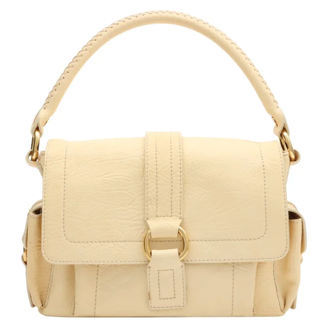 Celine Round Macadam Plate Shoulder Bag - Cream Yellow in White Leather from VINTAGE QOO TOKYO