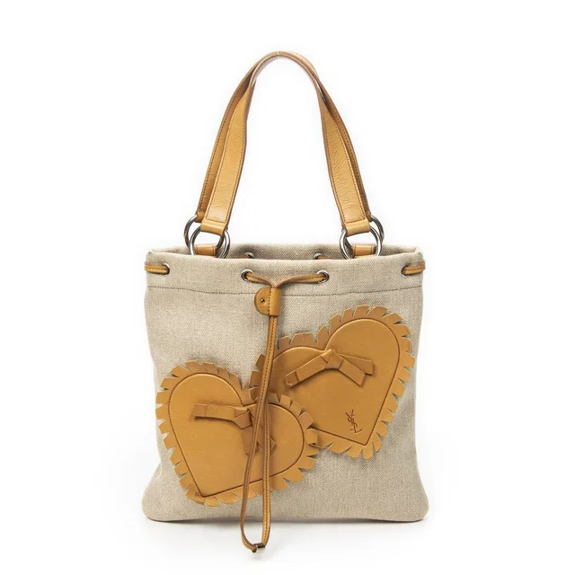 Saint Laurent Fringed Heart Applique Tote Bag Beige Canvas in Beige Canvas from The Reluxe