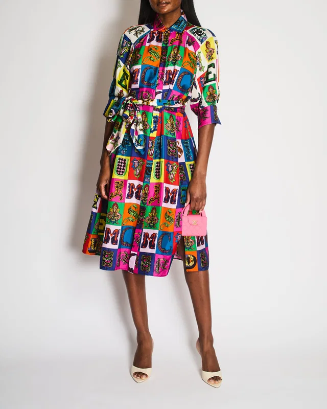 Versace Multi-Colour Silk Alphabet Print Midi Dress with Belt Size IT 46 (UK 14) in Silk from Sellier