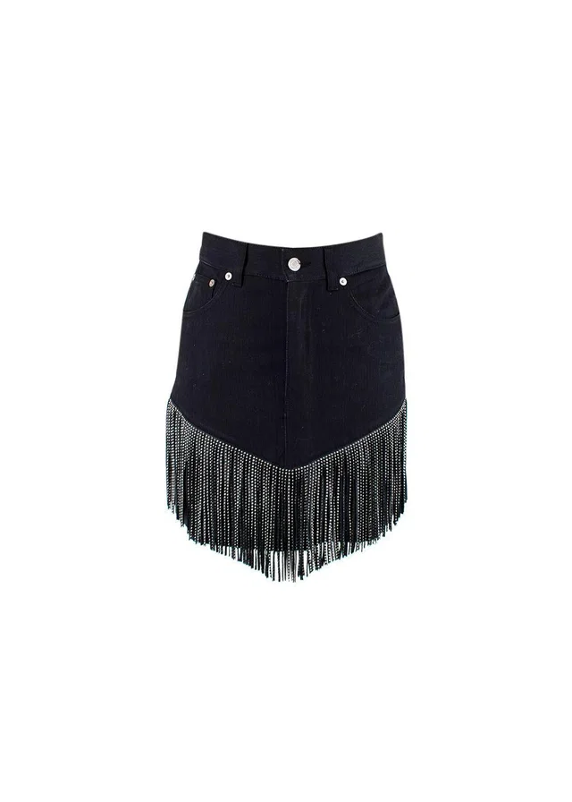 Saint Laurent Black Denim Skirt with Silver Studded Leather Fringing in Black Denim from HEWI