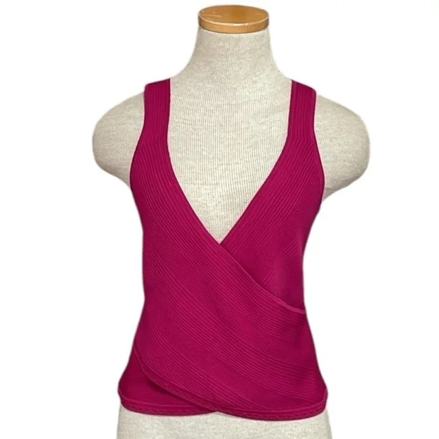SIMKHAI Top Ribbed Knit Tank Faux Wrap Bright Pink Lacy Edge Size Large in pink from Poshmark