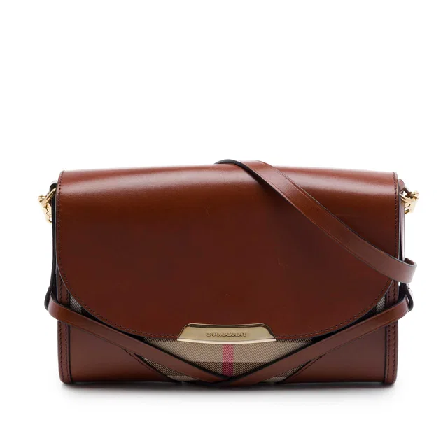 Brown Burberry Leather and House Check Canvas Bridle Abbott Crossbody in Brown Canvas from Designer Revival