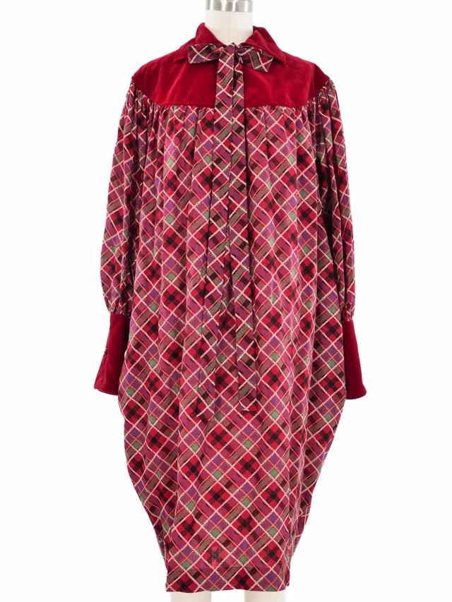 1981 Yves Saint Laurent Plaid Smock Dress in Velvet from Arcade Vintage