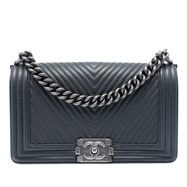 Gray Chanel Old Medium Chevron Lambskin Boy Flap Crossbody Bag in Grey Lambskin from Designer Revival