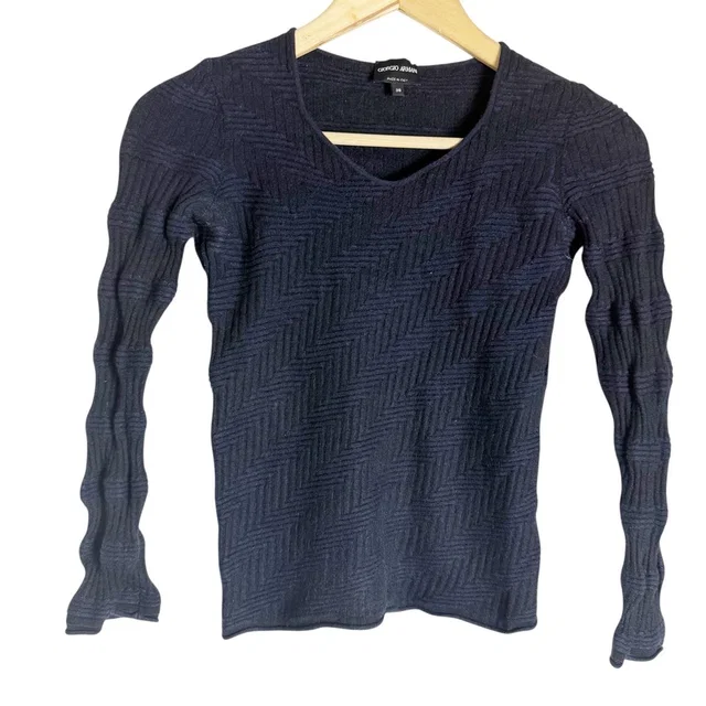 Giorgio Armani Navy Blue Cashmere Silk Ribbed Knit Long Sleeve V-Neck Sweater Xs in blue Silk from Poshmark