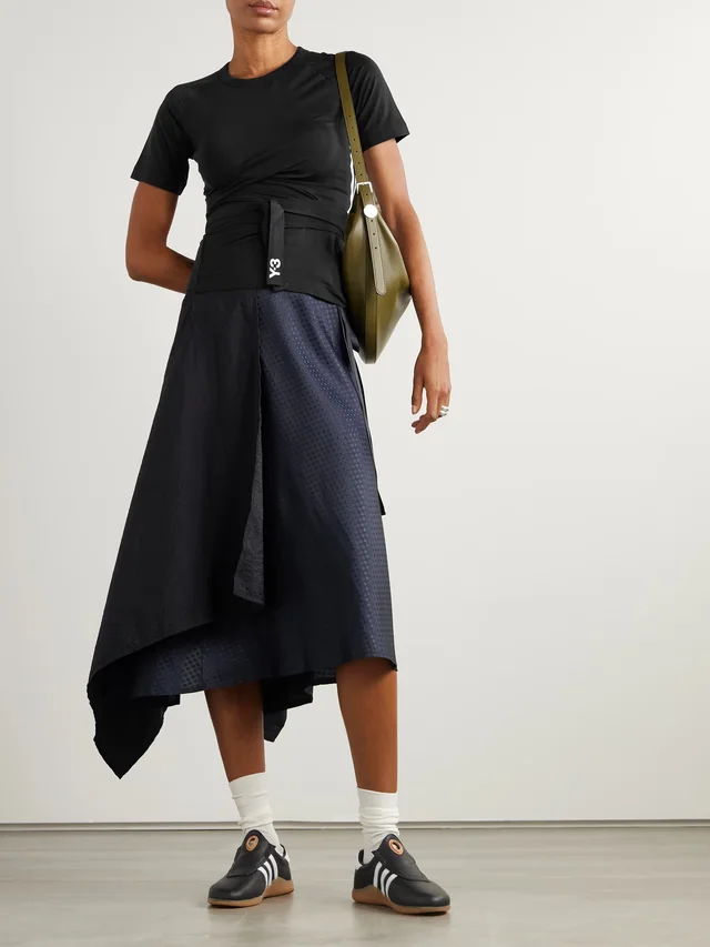 ADIDAS ORIGINALS +Y-3 Tie-detailed striped Lyocell-blend jersey T-shirt in Black, photo 2 of 2 from NET-A-PORTER (Canada)