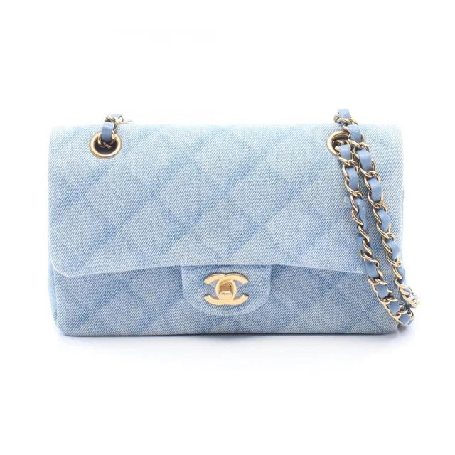 Chanel Shoulder Bag Quilted Double Flap Denim Blue Chain in Blue Denim from The Reluxe
