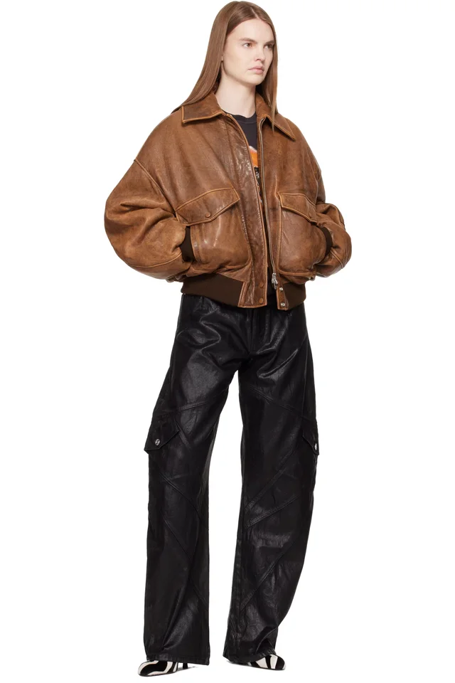 AMIRI Tan Faded Leather Bomber Jacket, photo 4 of 4 from SSENSE