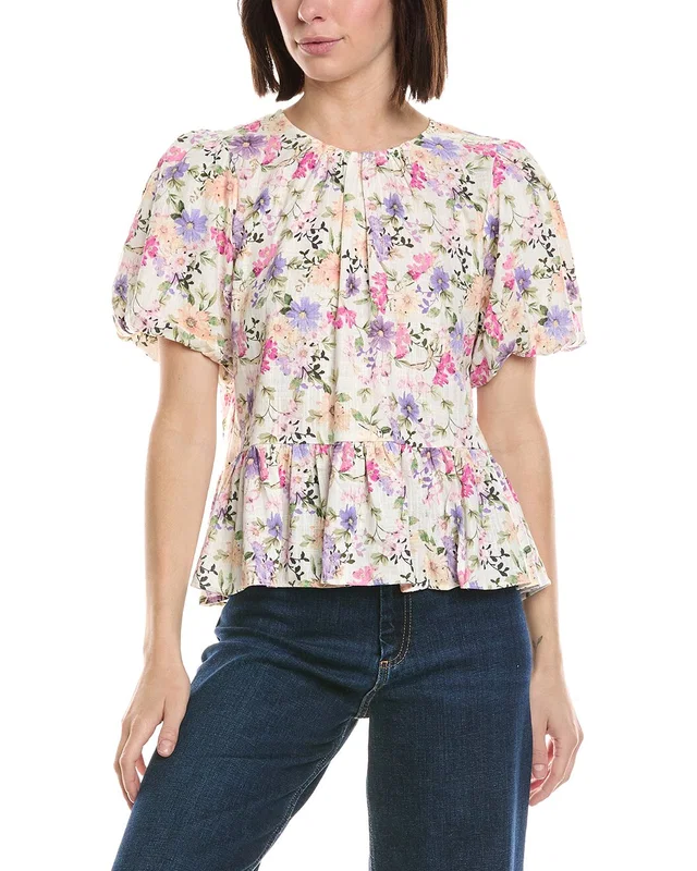 CeCe Puff Shirred Sleeve Crewneck Linen-Blend Peplum Blouse, image 1 of 1 from Gilt
