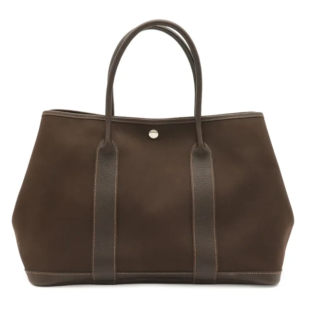 Hermès Garden Party PM Tote Shoulder Bag Toile Officier Leather Dark Brown in Brown Leather from The Reluxe