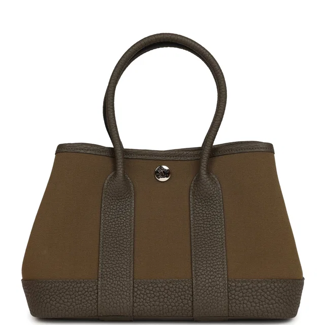 Hermès Garden Party Neo 23 Vert Olive Toile Officier Canvas and Vert Loden Negonda Palladium Hardware in Green Canvas from Madison Avenue Couture