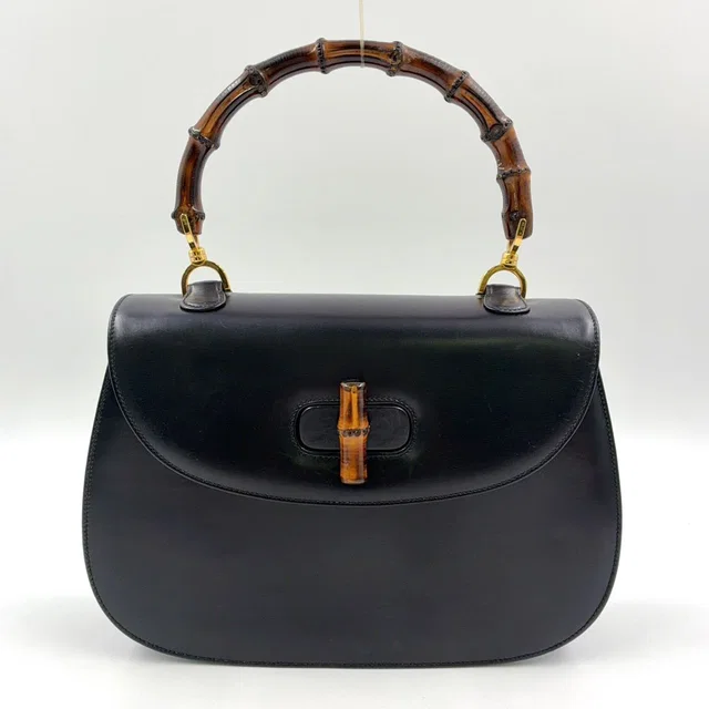 Gucci Bamboo Shoulder Strap Included Leather Brown Black Handbag Gold in Black Leather from The Reluxe