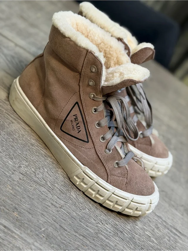 Prada Brown Suede Shearling-Lined Sneakers in brown|red Suede from Poshmark
