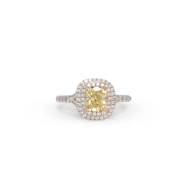Tiffany & Co. Platinum & Yellow Diamond Soleste Cushion-Cut Halo Ring from Blue Spinach