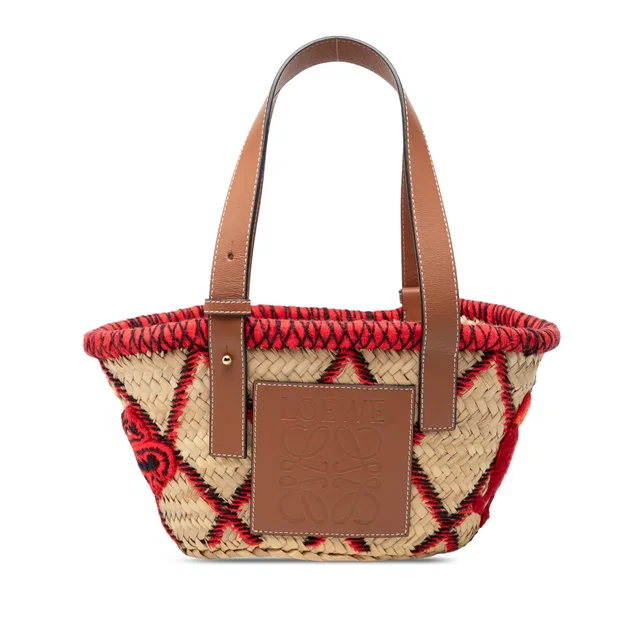 Red LOEWE Small Raffia Animal Embroidered Anagram Basket Tote in Red Raffia from Designer Revival
