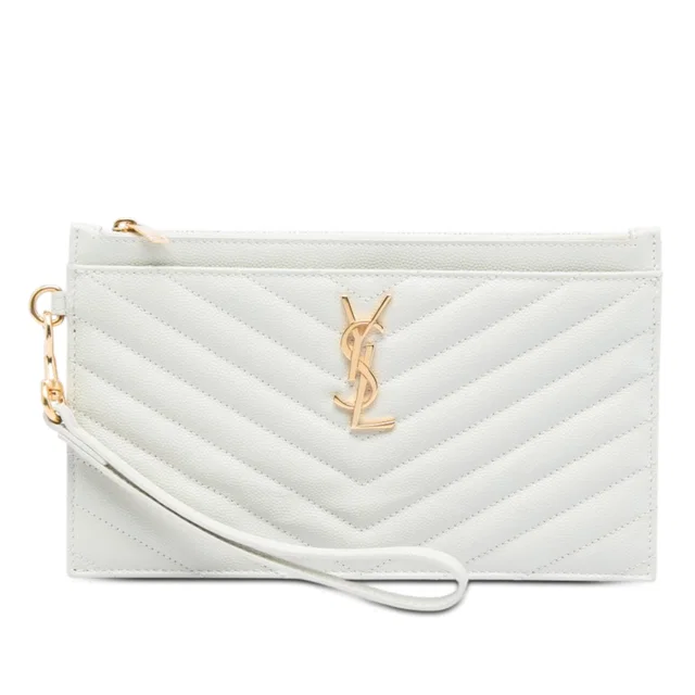 White Saint Laurent Grain De Poudre Chevron Monogram Bill Pouch Clutch Bag in White Leather from Designer Revival