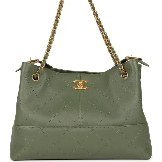 Chanel Small Coco Hobo Bag Khaki Calfskin Antique Gold Hardware in Green Calfskin from Madison Avenue Couture