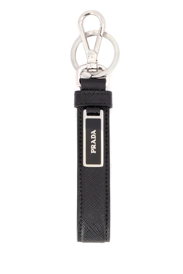 Prada Logo-Plaque Saffiano Leather Key Case — Black Acciaio-vitello Keychains in Black Saffiano leather from HEWI
