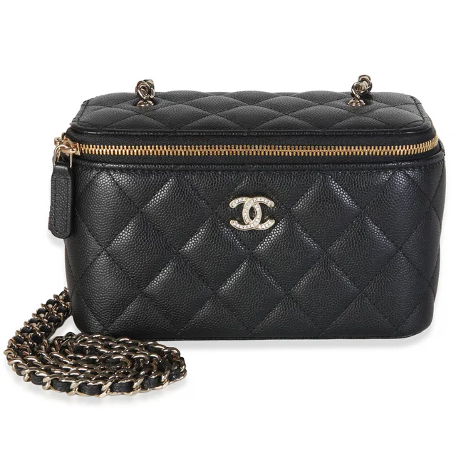 Chanel Black Quilted Caviar Crystal CC Vanity Case With Chain in Black Caviar leather from myGemma