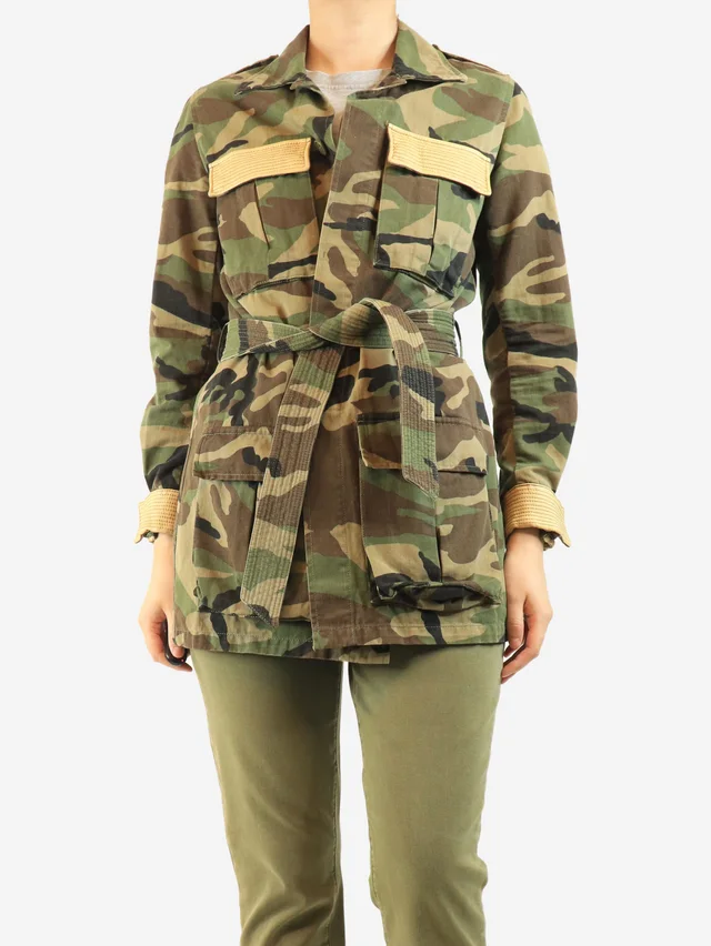 Saint Laurent Green camo belted army jacket - size UK 12 in Green from Sign of the Times