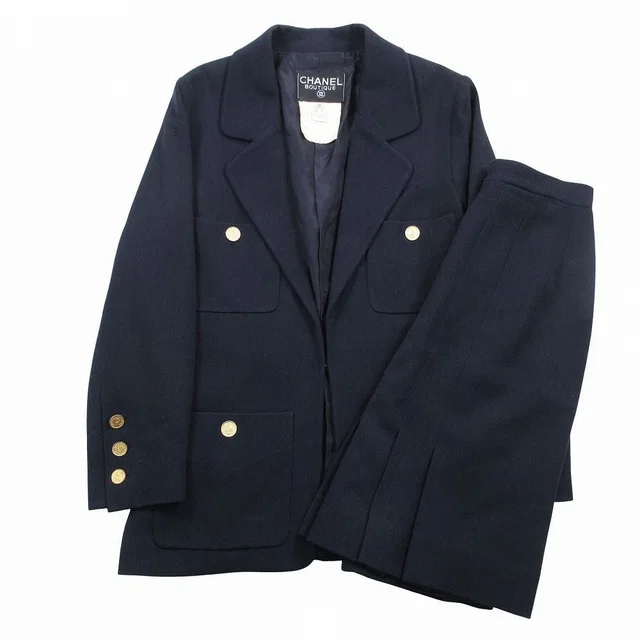 Chanel Gold Button Coin Vintage Skirt Suit Set Dark Navy 38 in Navy from The Reluxe