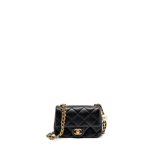 Chanel Pearl Crush Mini square flap bag lambskin Black GHW (Microchip) in Black Lambskin from EMIER