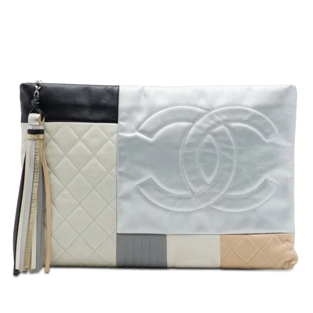Silver Chanel Large Quilted Lambskin Colorblock Patchwork O Case Clutch in Silver Lambskin from Designer Revival