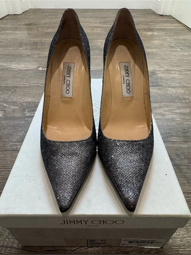 Jimmy Choo Abel Glitter Pumps 39.5 Us 9.5 Anthracite 4” Stiletto Pointed Toe in gray|silver Leather from Poshmark