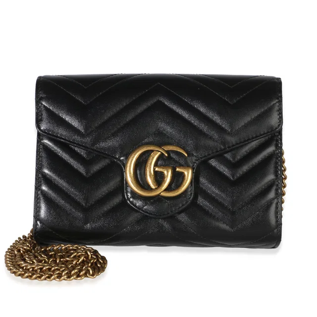 Gucci Black Matelasse Calfskin GG Marmont Chain Wallet in Black Calfskin from myGemma