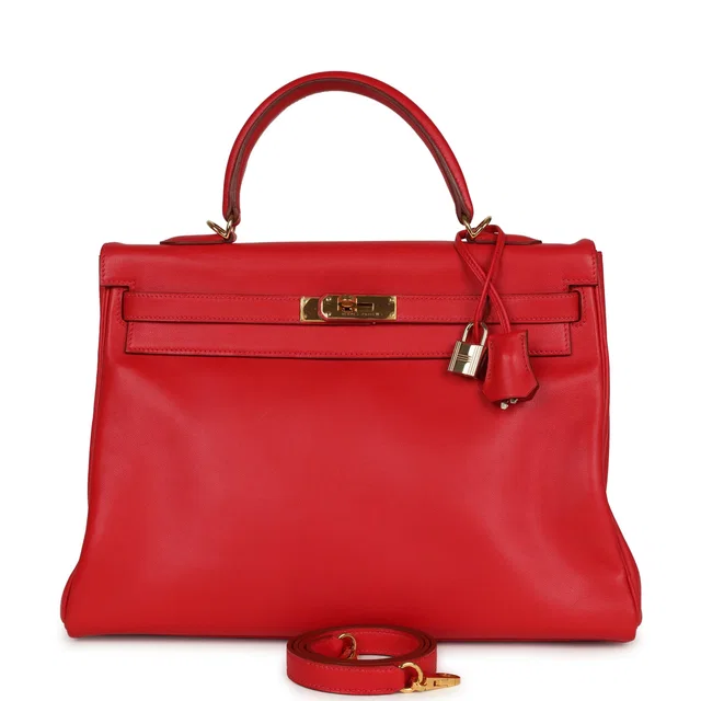 Hermès Vintage Kelly Retourne 35 Rouge Vif Gulliver Gold Hardware in Red Leather from Madison Avenue Couture