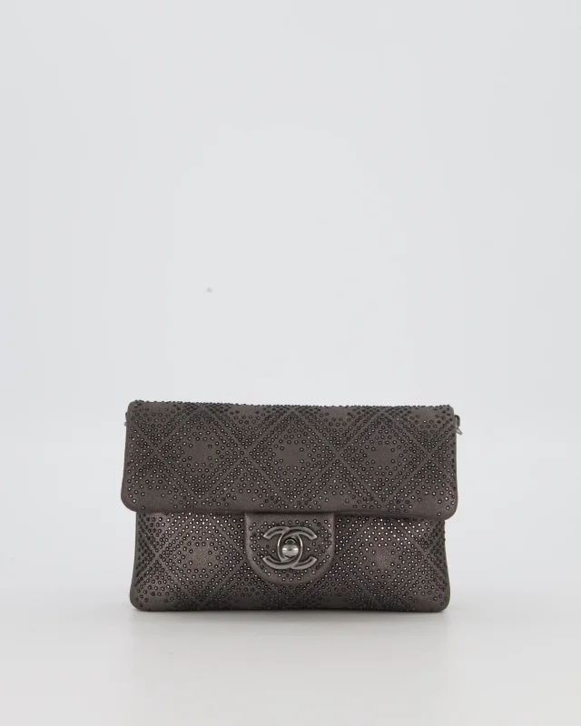 Chanel Grey Embellished Rhinestones Mini Flap Bag in Suede Leather With Gunmetal Hardware in Grey Suede from Sellier, photo 9 of 19