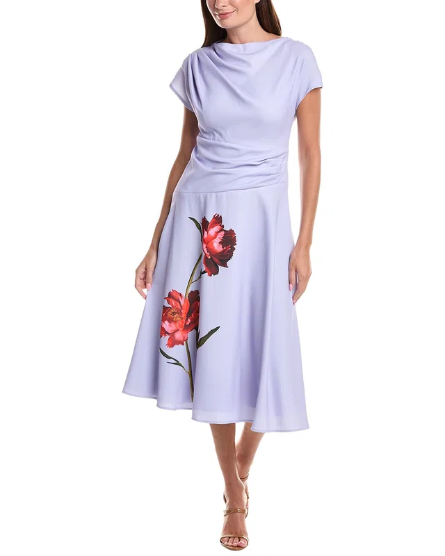 Teri Jon by Rickie Freeman Crepe Cap Sleeve Drape Waist Digital Flower Dress, image 1 of 1 from Rue La La