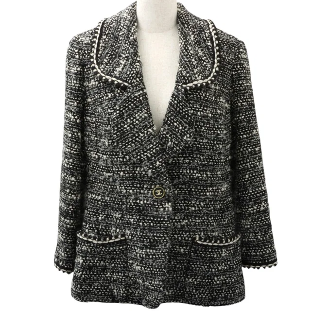 Chanel 1994 Tweed CC Mark Button Jacket #46 Black/White in Black Tweed from VINTAGE QOO TOKYO