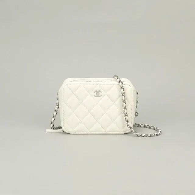 Chanel Quilted Shoulder Bag Caviar Leather White Silver CC Logo in White Caviar leather from The Reluxe