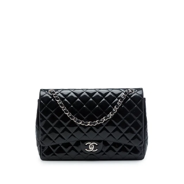 Black Chanel Maxi Classic Patent Double Flap Shoulder Bag in Black Patent leather from Designer Revival