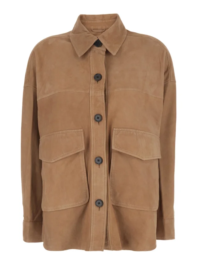 'Kaylee' Brown Jacket with Classic Collar and Applied Pockets on the Front in Suede for Women in Brown, image 1 of 1 from Gaudenzi Boutique